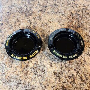 Pair of Harolds Club Casino Round Glass Ashtrays, Black Glass, Reno Nevada